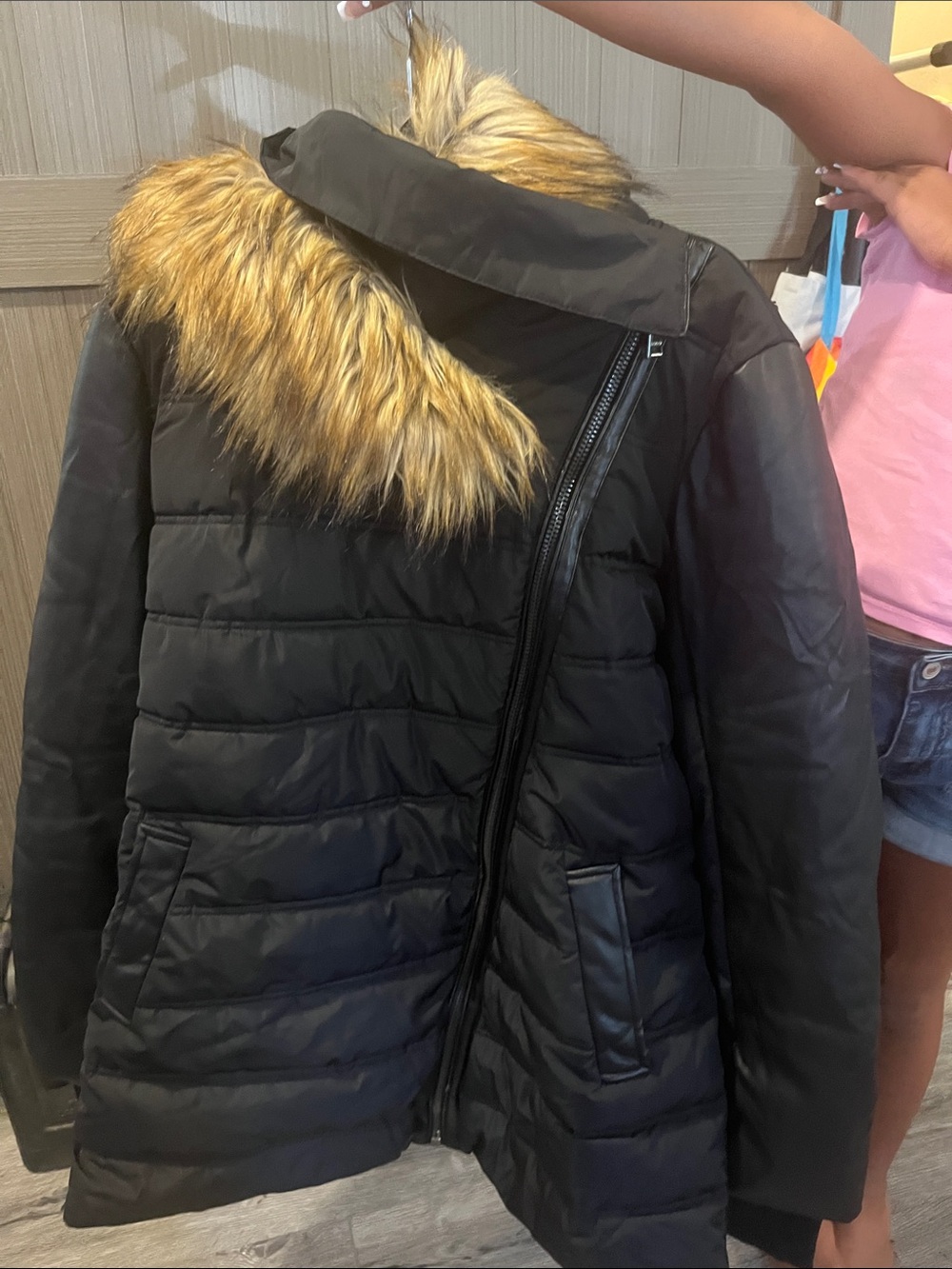bebe Black Puffer Coat with Tan Faux Fur Trim
